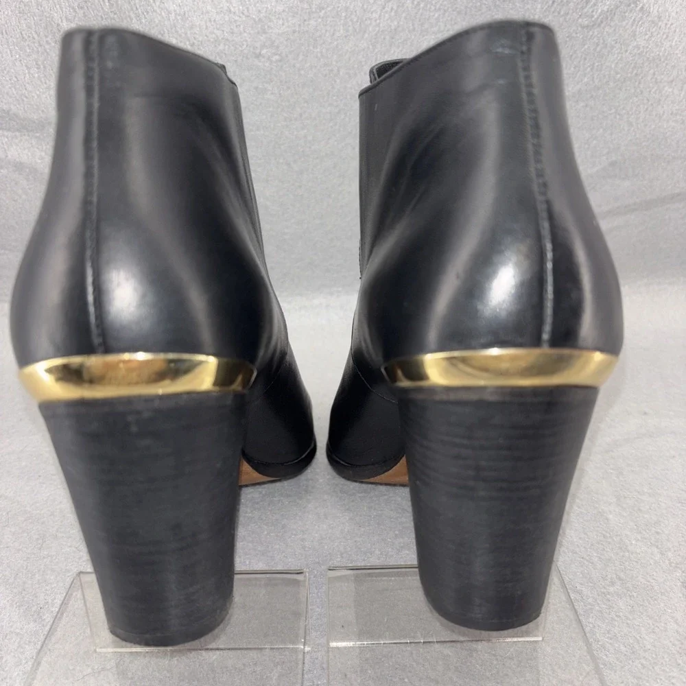 Cole Haan HAYDEN Grand.OS Black Leather Ankle Boots Block Heel Gold Accents W8.5
